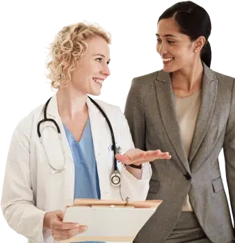 Doctor Holding Notebook and Talking With Her Friend