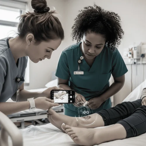 Wound on a leg being checked by doctors